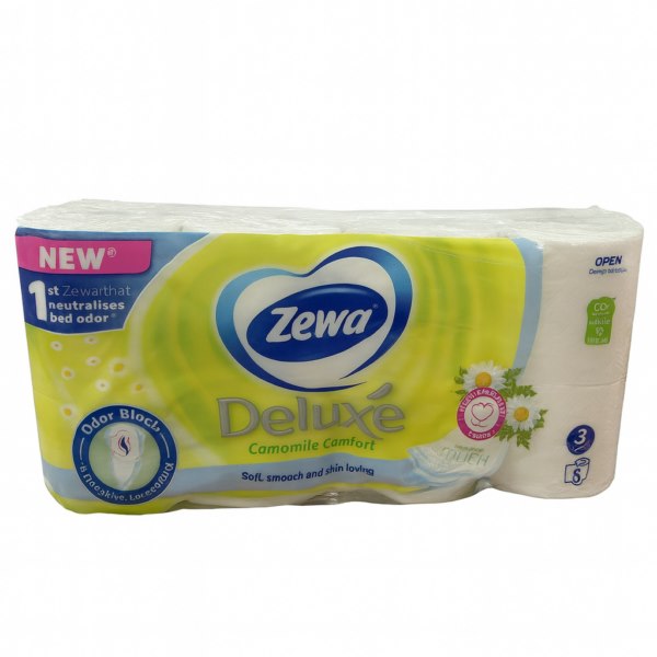 Hârtie igienică Zewa Deluxe Camomile Comfort, 3 straturi, 8 role – ultra moale, cu parfum de mușețel